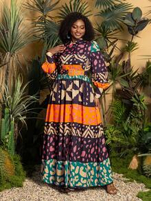 Faeriesty TribalChic Elegant Long-Sleeve Maxi Dress With Stand-Up Collar, Front-Button Placket & Adjustable Waist Belt – Bold Plus Size Abstract Art Print Design For Casual Brunches, Beach Escapes, Weekend Getaways, Art Gallery Visits, And Relaxed Daily Wear - Purple - View 4