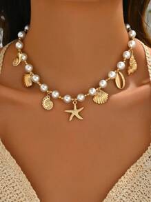 1pc Ocean Style Pendant Necklace, Fashion Faux Pearl CCB Beaded Necklace For Women, Suitable For Daily Wear, Beach Trip And Photography