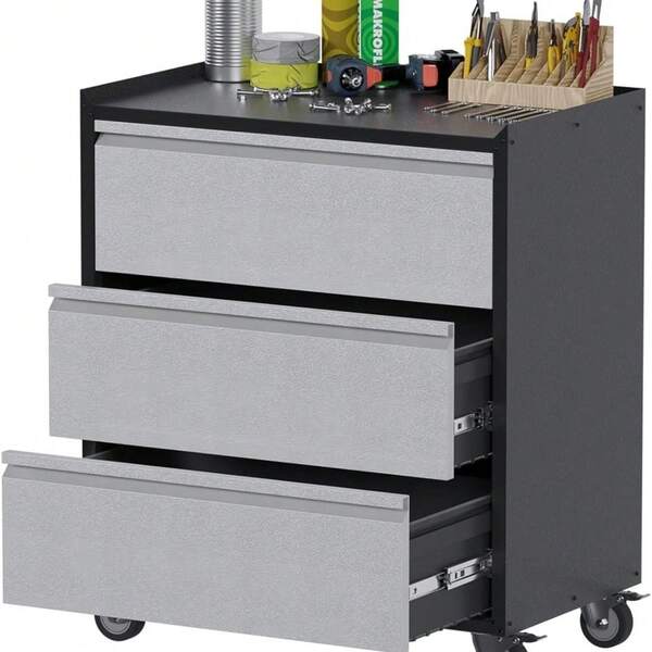 Broadfashion Metal Storage Cabinet With Wheels, Rolling Tool Cabinet, Garage Storage Cabinet With 3 Drawer For Tools