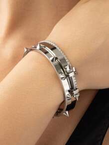 3pcs Silver Punk Hiphop Exaggerated Spike Stainless Steel Bangle Bracelet Set, Inlaid Artificial Zirconia Crystals, Suitable For Women Daily Wear, Gift