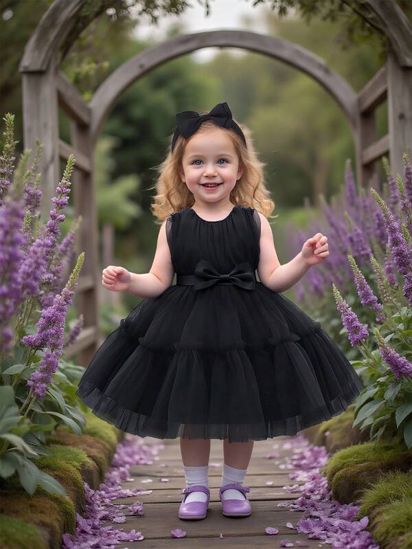 Baby Girls' Solid Color Sleeveless Mesh Dress With Bowknot Decorated Waistband, Elegant & Party Dress, Ideal For Birthday Party