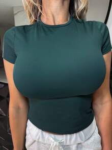 Manon Tanti Short Sleeve Snatched T-Shirt Casual Summer Spring Vacation Everyday - Dark Green - View 6