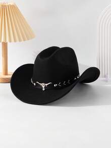 1pc Women's Leather Decorated Knitted Hat, Retro Wide Brim Western Cowboy Hat, Jazz Cap, Fashionable All-Match, Suitable For Spring, Summer, Autumn And Winter - Top Hat - View 18
