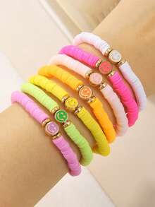 7pcs Bohemian Style Rainbow Alloy Smiling Face Polymer Clay Bracelet Set, Suitable For Girls Everyday Wear And Parties - Multicolor - View 2
