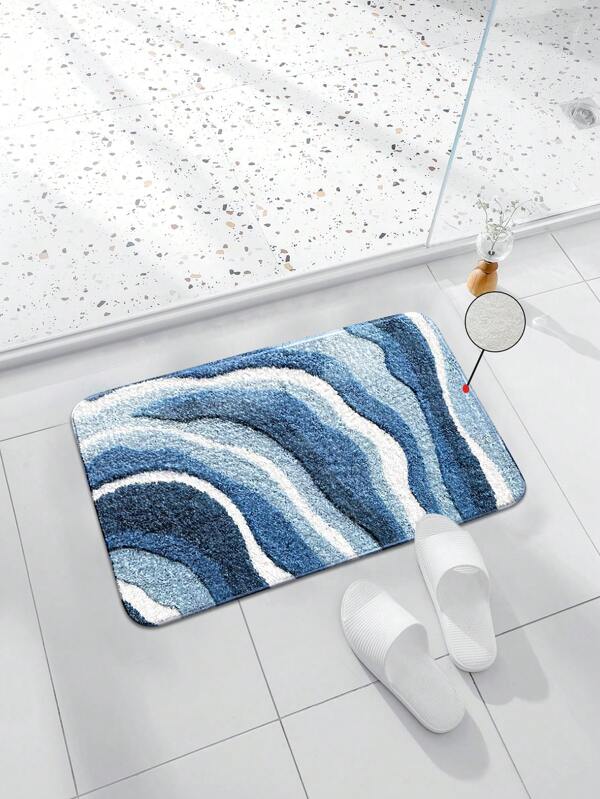 1pc Faux Cashmere Blue Wavy Pattern Floor Mat, Anti-Slip Bathroom Rug, Living Room/Bedroom Carpet, Foldable Washable Bedside Mat, Soft Non-Slip Doormat, Home & Room Decor Back To School Bathroom Kitchen Decor