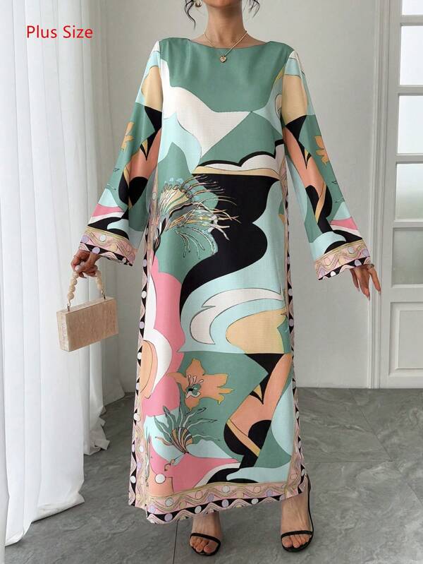 Abito donna taglie forti in stile arabo, vestito casual in tessuto leggero e traspirante, dalla vestibilità ampia, collo rotondo, maniche lunghe, elegante e adatto per vacanze e festività, abaya stile tradizionale arabo per occasioni formali