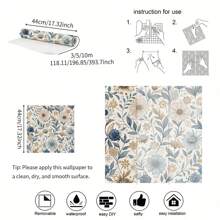 1pc Elegant Blue Floral Peel And Stick Wallpaper - Waterproof, Removable Vinyl Contact Paper With French Style Design For Bedroom, Living Room, Cabinet And Furniture Remodeling, Available In Lengths Of 44 Cm/17.32 Ft. Bedroom Wall Decor Home Decor Bedroom Decor Bathroom Decor Wall Paper Wall Stickers Kitchen Living Room Decor