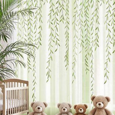 Breling 柳叶薄纱窗帘 可爱绿色薄纱叶子薄纱藤蔓窗帘 常春藤漂亮窗帘 适用于客厅卧室窗户门阳台、性别揭示装饰、儿童卧室装饰、婴儿房装饰、婴儿淋浴