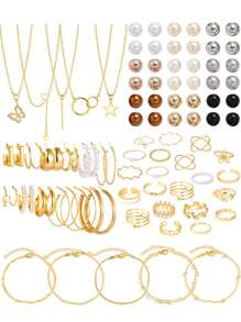 38/58/61/68pcs Middle Eastern Style Elegant Vintage Faux Pearl, Bow, Heart, Star, Moon, Crystal Rhinestone, Twisted, Rope, Geometric Wide Hoop Earrings, Necklace, Bracelet, Ring Jewelry Set, Holiday, Party, Daily Wear Gift