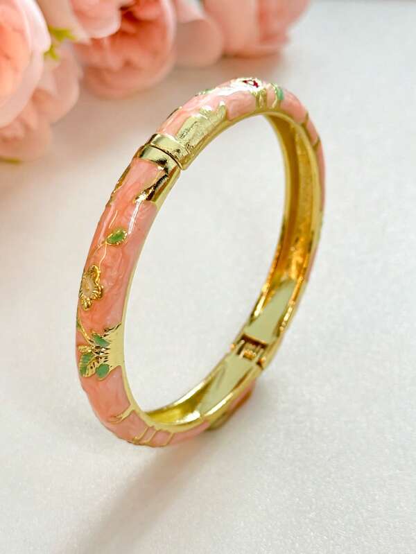 1 pieza Brazalete de esmalte floral dorado estilo vintage, brazalete dorado, accesorio de joyería para niñas y mujeres, adecuado para uso diario y regalos de vacaciones