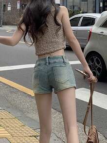 Y2K 低腰铆钉牛仔短裤，秋冬系列休闲款 - 中等水洗藍 - 查看 3