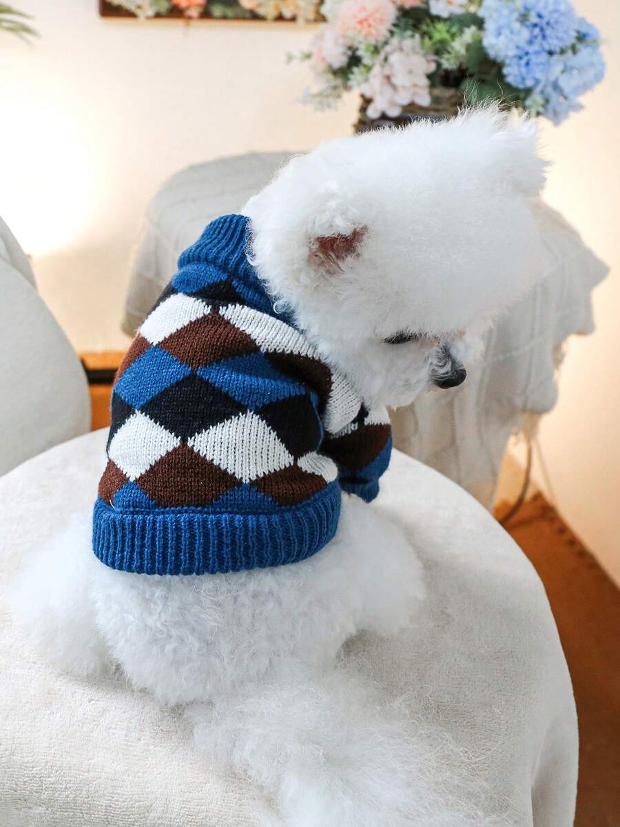 1 件宠物服装狗/猫服装,休闲时尚可爱舒适蓝色和咖啡色格子毛衣,适合小型犬和幼犬 - 彩色 - 查看 1