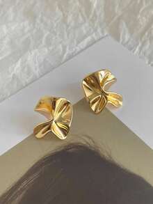 1 Pair Minimalist Textured Geometric Asymmetrical Fashion Stud Earrings For Women - Yellow Gold - View 2