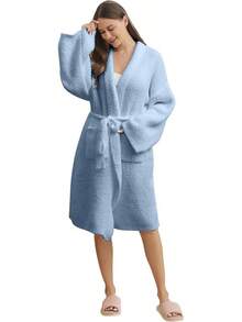 Bearberry Hooded Robe Cozy Leopard Robe Lightweight Soft Plush Bathrobe With Pockets For Women - 炭灰色-無帽 - 查看 1