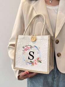 1 pezzo Borsa Shopper in lino con stampa a corona e lettera, borsa per damigelle, portamonete/portafoglio trucchi, borsa da viaggio per trucchi di grande capacità, borsa tote multifunzionale e portatile per insegnanti, regalo da donna, regalo per la festa degli insegnanti, borsa da viaggio e tempo libero, nuova borsa da shopping alla moda, adatta per uso quotidiano, appuntamenti, compleanni, vacanze, ritorno a scuola, spiaggia, viaggi, pendolarismo, affari, studenti, picnic, campeggio, supermercato, storage quotidiano
