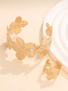1 Set (1 Gold Bangle & 1 Thick Ring) European & American Retro Fashion Gold Floral Bangle And Thick Floral Ring Set, Long-Lasting Color, Suitable For Women's Daily Wear, Holidays, Social Events, Parties