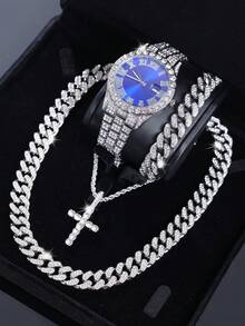 4件套链项链手链套装 男士珠宝石英表套装 带十字架吊坠项链 嘻哈风格酷炫珠宝礼品（不含礼盒） - A - 查看 13