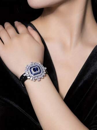 SEQUITO 1 pieza Súper elegante colgante de plata plateada con talla de princesa, zirconia cúbica de color azul real, ajustable, pulsera de dos usos, para mujer, para usar en banquetes y fiestas