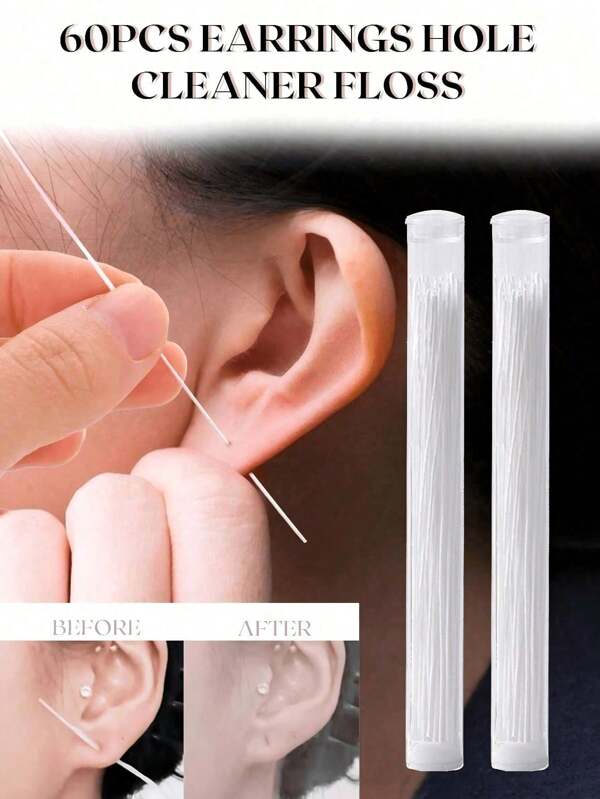 60 peças de fio de limpeza ultrafino para piercing de orelha, kit de cuidados com as orelhas, linha de limpeza para furos de orelha, fio de limpeza para furos de orelha, limpeza de furos de orelha com bolsa de armazenamento para meninas, mulheres e homens, limpeza antibloqueio de furos de orelha, escola, volta às aulas, viagem, itens essenciais para viagem, itens essenciais para casa, limpador de ouvido
