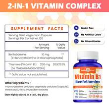 Vitamin B1 Thiamine 250mg With Benfotiamine 10mg Supplement -Thiamine B1 Supplement For Healthy Nervous System & Energy Metabolism, Gluten-Free - 120 Capsules - không có hương vị - Xem 2