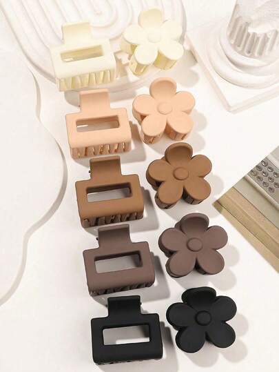 8pcs/Set Autumn/Winter Matte Solid Color Minimalist Casual Flower Design 4cm Small Square Hair Clips For Bangs And Half-Ponytail Hair Accessories (Random Color)