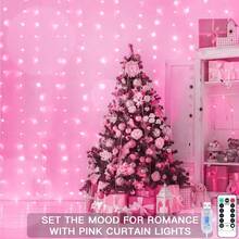 1PC 19.6ft X 9.8ft 600 LEDS 8 Lighting Modes Fairy Copper Light With Remote Colorful Window Curtain String Lights, USB Powered Waterproof For New Year Christmas Bedroom Party, Wedding Home Garden Wall Decorations - 粉色 - 查看 5