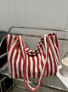 Chic Retro Striped Canvas Tote Bag, Large Capacity Spacious & Versatile, Ideal For Work, School Or Outdoor, Canvas Bag, Beach Bag [Stripe Color And Placement Random], School Supplies, School Bag, School Handbag, School Tote Bag, School Bookbag, Back To School Bags, Lightweight, Portable, Foldable, Classic Casual, Suitable For Teen Girls Women College Students, Perfect For Back To School, First Day Of School, Holiday, Vacation, Tote Bags For School,College Essentials