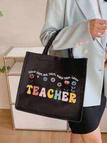 Bolsos de lino con impresión de palabras "Profesor", patrones de flores, letras con patrones de dibujos animados y animación. Incluye bolso cosmético con cremallera, bolso de aseo portátil, bolso de maquillaje, bolso de almacenamiento portátil de gran capacidad, bolsas grandes, bolsas de compra negras, monederos, regalos de agradecimiento para maestros y bolsos de lino de gran capacidad para mujeres. Adecuado para turismo, compras y actividades de playa, de vuelta a la escuela.