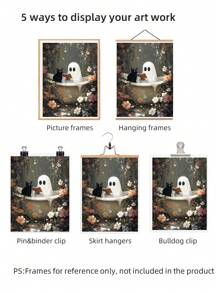 1 pezzo Fantasma nella vasca da bagno che legge con un gatto nero, opera d'arte murale per decorazione gotica da bagno, cartellone vintage senza cornice su tela per bagno/soggiorno/camera da letto gotica, regalo perfetto per Ognissanti e decorazione per feste (pittura gotica, pitture, stampe murali, stampe da parete, cartellone funky, ritorno a scuola, vacanze, spiaggia, laurea)