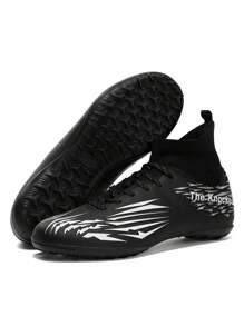 Botines de fútbol con tacos para niños y niñas, zapatos de fútbol profesionales para exterior con patrón geométrico antideslizante y transpirable con cordones para entrenamiento y competición