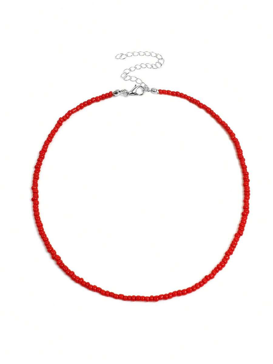1pc Fashionable Bohemian Beaded Choker Necklace - Red - View 1