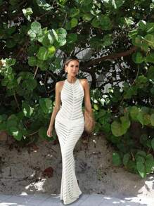 Vestido de punto sin mangas de verano para mujer PARA BELLEZA, delgado y sexy, con un diseño de rayas microperforadas, apropiado para vestidos largos de vacaciones