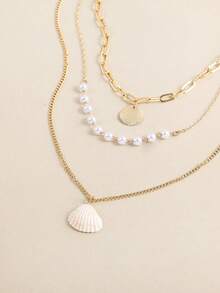 1pc 3-Layer Gold Shell & Pearl Pendant Necklace - Layered Necklace - View 3