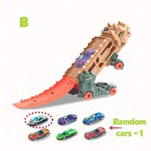 Mini pista de carrera de dinosaurios lanzador de coches, juguete transformable de doble modo con lanzamiento de un solo botón, juguete portátil para viajes para niños de 3 a 5 años (1 coche de aleación al azar) - Multicolor - Ver 11