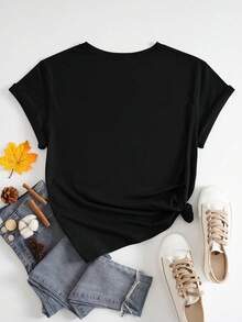Camiseta holgada de manga corta con estampado de leopardo y corazón de cuello redondo para mujer - Negro - Ver 3