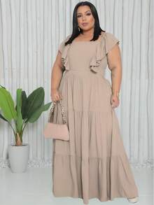 Plus Size Long Dress With Ruffle On The Shoulder - Nude - View 2