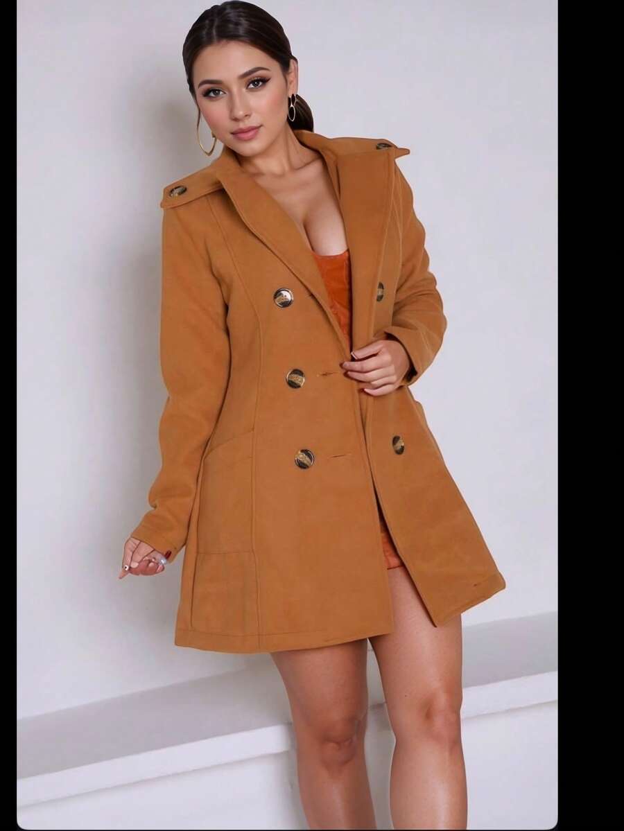 Women's Trench Coat With Button - Naranja Quemada - Ver 1