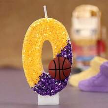 1pc Birthday Decorations Basketball Glitter Purple Gold Patchwork Sequin Basketball, 24 Number Basketball Star Fan Gift, Creative Handmade DIY Digit Birthday Candle With Holder For Cake
