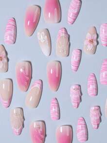 24片杏仁形3D凝胶花朵美甲贴纸，粉色法式美甲，适用于亚克力美甲套装，包含1片果冻凝胶和1个指甲锉，适合夏季美甲和花朵美甲，DIY日常、工作、学校和派对美甲用品，适合女性和女孩。 - 查看 3