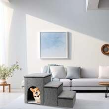 Large Breed Dog Steps - Sturdy 3-Tier Pet Stairs With Storage Box & Removable Plush Bed - Grey - View 4