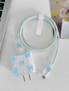 Set de 5 piezas de accesorios de carga con diseño de lazo azul y perla (20W/18W), incluye protector de cable de carga, cubierta del cargador, protector de cable de carga compatible, accesorios de cargador, accesorios de teléfono - Azul - Ver 5