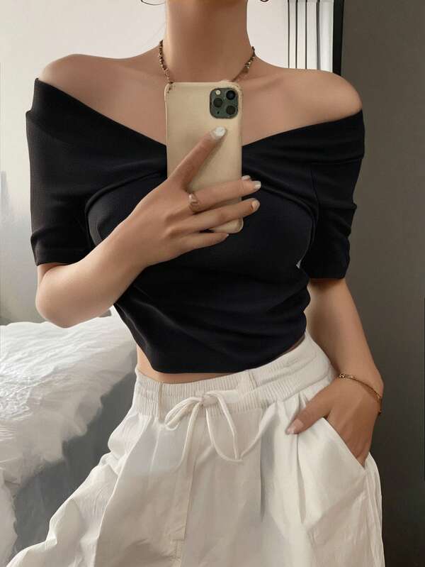 Livesso Women's Summer Solid Color Off Shoulder Twist Short Sleeve T-Shirt For Chest,Crop Tops Women