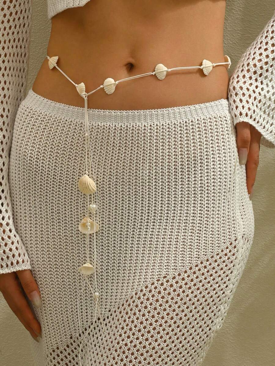 1 chiếc dây thắt lưng có thể điều chỉnh làm bằng vỏ sò tự nhiên theo phong cách Bohemian, phụ kiện thắt lưng ngọc trai giả đa năng dành cho phụ nữ, thích hợp để mặc khi đi biển, đi biển - trắng - Xem 1