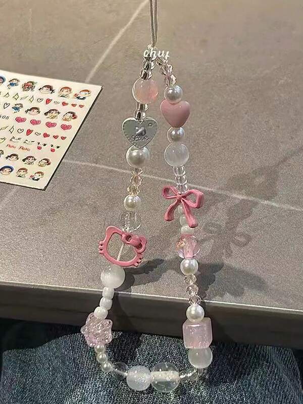 Sanrio 1pc Polyester Faux Pearl Beaded Bracelet, Phone Lanyard Pendant Chain Accessory, Portable Phone Strap Charm