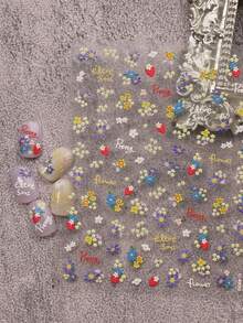 2片装春夏碎花美甲贴纸 - 多巴胺小花、雏菊、睡莲、五瓣花、镂空花、草莓图案，春夏艺术设计，3D立体工艺，适合女性日常生活、婚礼、节日和假期。一次性自粘美甲贴纸，中国风，可爱，简约，清新主题，易于粘贴，美甲装饰贴纸。 - 彩色 - 查看 4