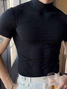 Men's Half-Turtleneck Short Sleeve T-Shirt, Suitable For Summer, Comfortable & Breathable, Style - Black - View 1