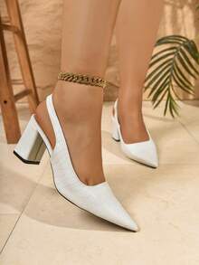 2025 New Girl's Thick Heeled Pointed Toe Faux Crocodile Skin Classic Comfortable Shoes - White - View 4