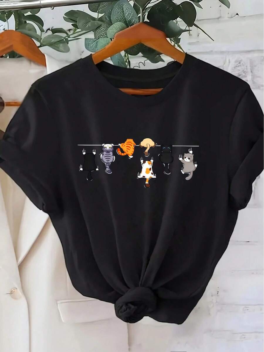 女式可爱猫咪印花圆领短袖休闲T恤 - 黑色 - 查看 1