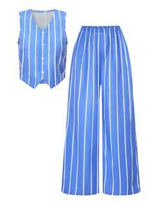 女童度假休闲条纹无袖上衣和直筒裤套装，蓝色时尚度假两件套 - 藍色 - 查看 2