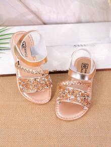 1 双儿童亮片编织钩环凉鞋，时尚易穿，夏季